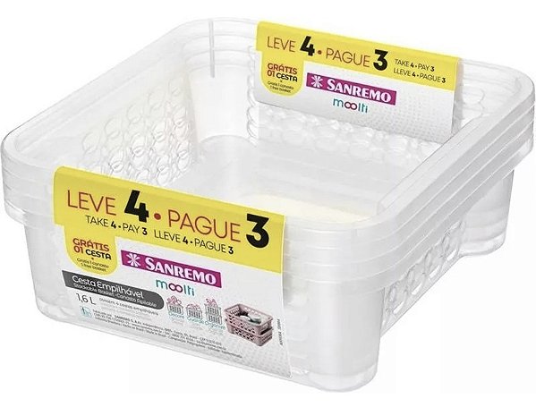Cesta Organizadora Transparente Kit Com 4 Pç 1,6 Litros - Dimensões: 19 x 6 x 19 cm