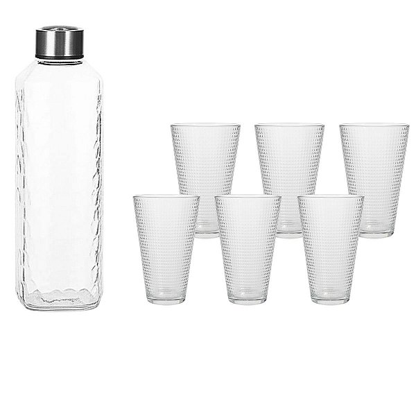Conjunto com Jarra de 1L + 6 Copos de Vidro Transparente 350ml - Jarra Bolhas