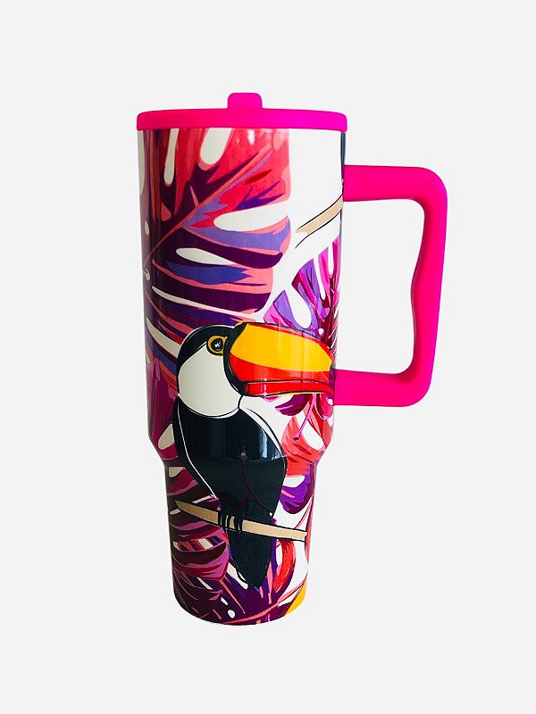 Copo Térmico com Canudo e Alça 1200 ml – Modelo Fauna Rosa