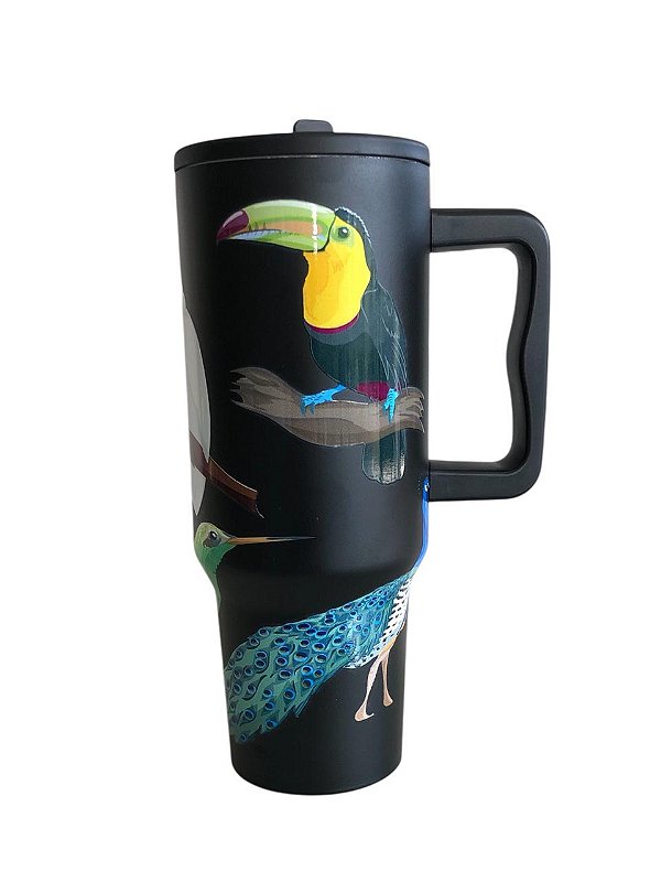Copo Térmico com Canudo e Alça 1200 ml – Modelo Fauna Preto