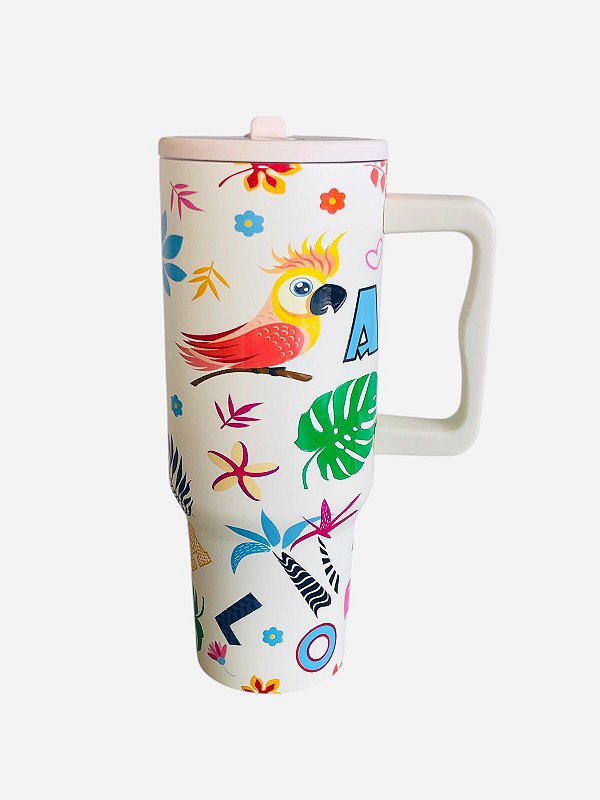 Copo Térmico com Canudo e Alça 1200 ml – Modelo Fauna Off White