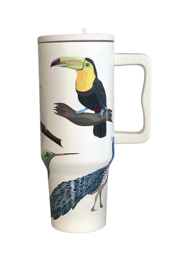 Copo Térmico com Canudo e Alça 1200 ml – Modelo Fauna Off White Com Animais