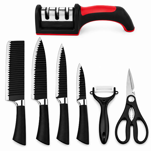 Kit Jogo de Facas em Aço Inox com Amolador Profissional – 7 Peças