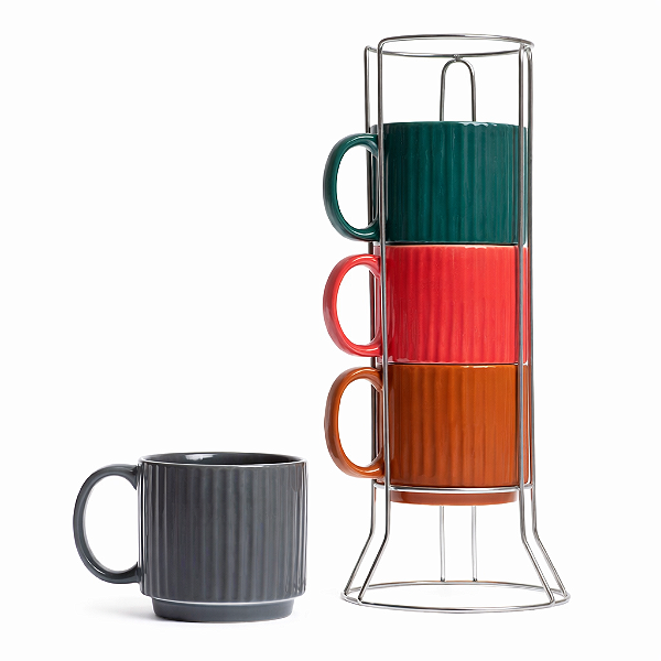 Jogo 4 Xícaras Chá Cerâmica 80ml Coloridas com Suporte