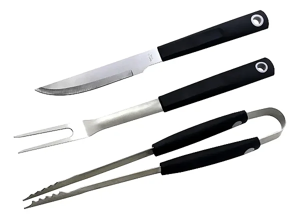 Jogo Churrasco Aço Inox Garfo Pegador Faca Cabo Resistente Easy Grill
