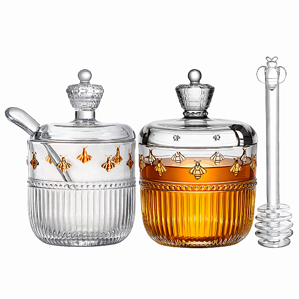 Açucareiro E Meleira Vidro Cristal Decorado Transparente