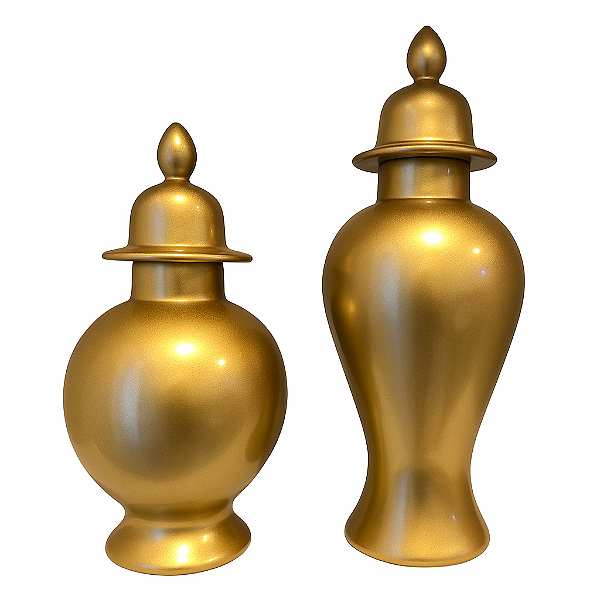 Dupla Potiche Dourado Grande Cerâmica Luxo Decorativo Com Tampa