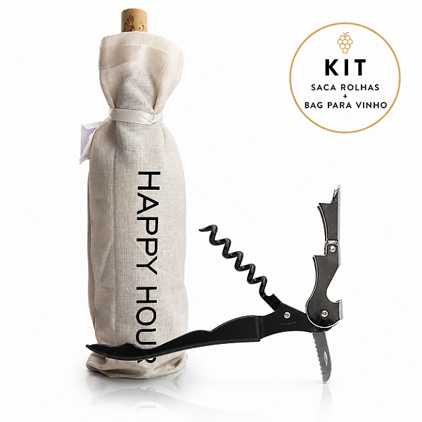 Kit Porta Vinho Tecido Elegante + Saca Rolhas Inox Preto Profissional Presente Sofisticado Happy Hour