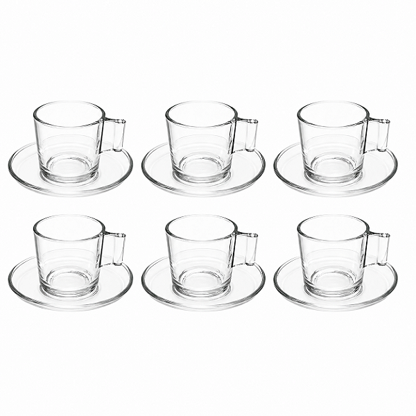 Jogo 6 Xícaras De Café Em Vidro 90ml Com 6 Pires Transparente Premium