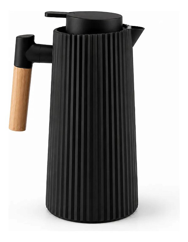 Garrafa Térmica De Café 1 Litro Canelada Cabo De Madeira Preta