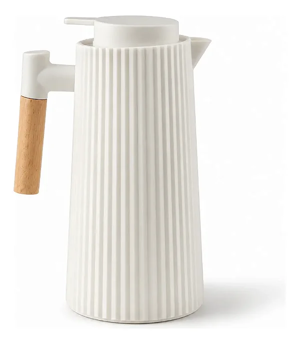Garrafa Térmica De Café 1 Litro Canelada Cabo De Madeira Branca