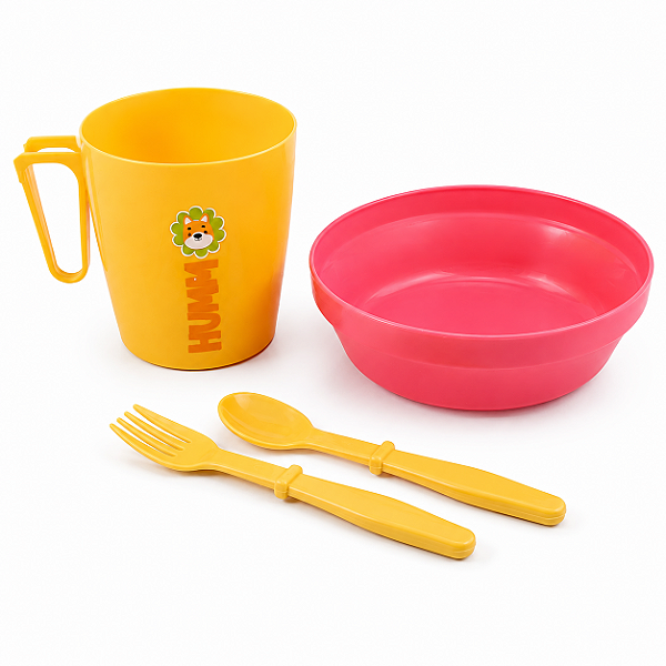 Kit Alimentação Infantil Bebe 4 Peças com Caneca, Tigela, Garfo e Colher