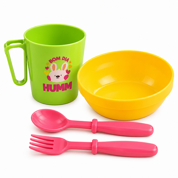 Kit Alimentação Infantil Bebe 4 Peças com Caneca, Tigela, Garfo e Colher