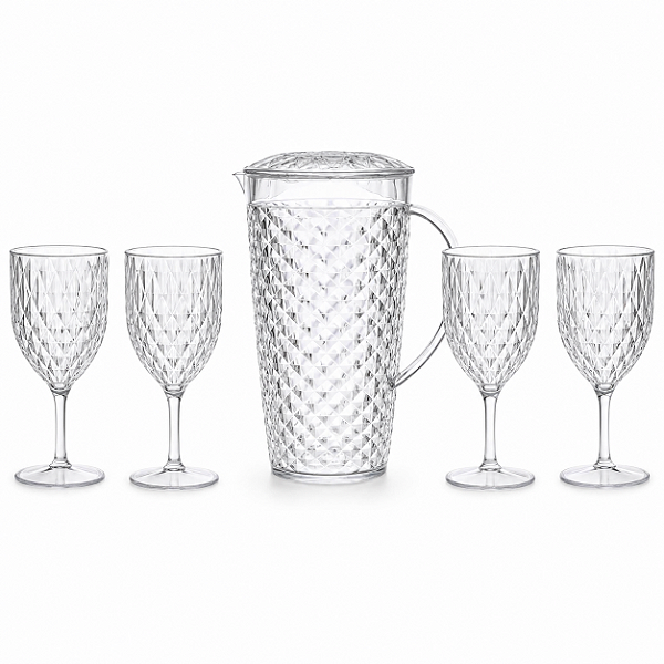Conjunto Jarra 2,6L Com Tampa E 4 Taças 450ml Diamond Acrílico Transparente