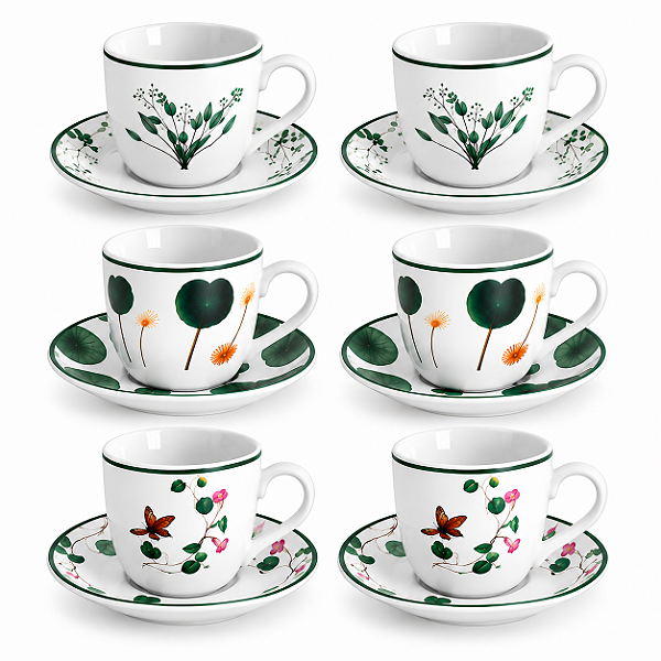 Jogo 6 Xícaras de Café com Pires em Porcelana 80ml – 12 Peças
