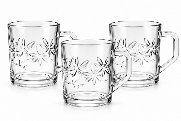 Kit 3 Xícaras de Vidro 240 ml com Detalhes em Relevo - Caneca de Vidro