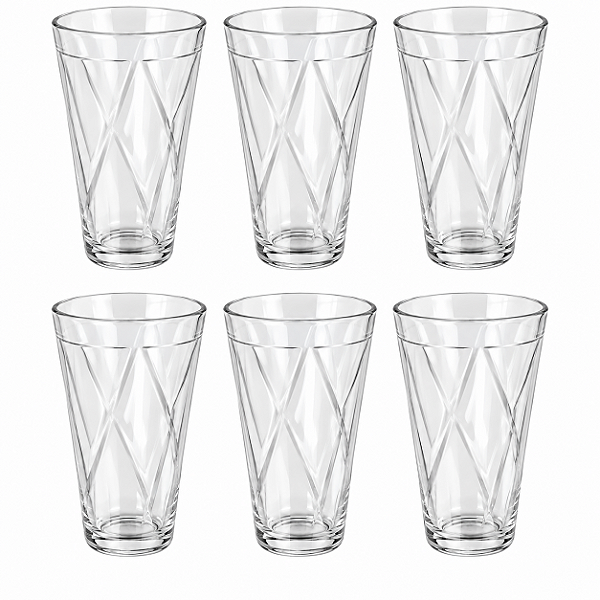 Jogo 6 Copos de Vidro Altos 300 ml Decorado – Transparente
