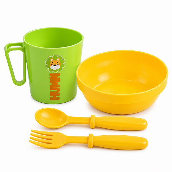 Kit Alimentação Infantil Bebe 4 Peças com Caneca, Tigela, Garfo e Colher