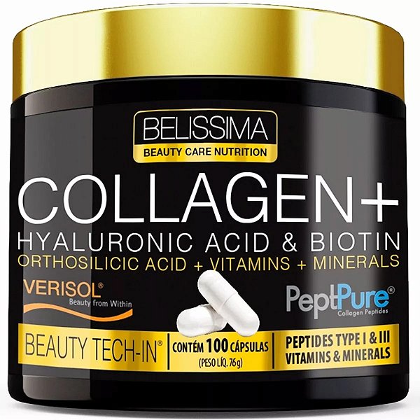Colágeno + Ácidos Hialurônico/ Ortosilícico + Biotina - 100 Cápsulas - Belíssima Beauty