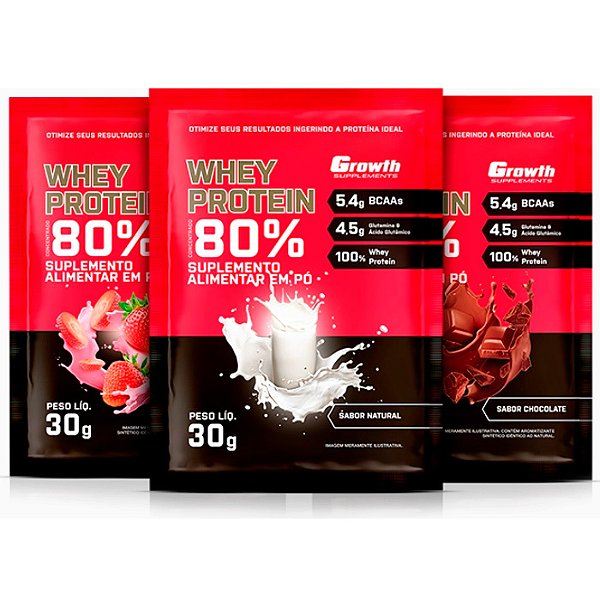 Kit 3x Dose Whey Protein 80% Pura Proteína - 3 Unid x 30g Cada (90g) - Growth Supplements