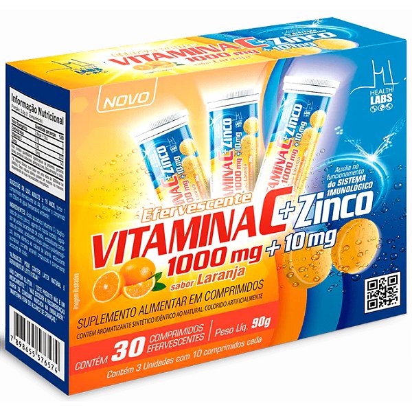 Vitamina C 1000mg + Zinco 10mg - 30 Comprimidos Efervescente - Health Labs (Imunidade Energia)