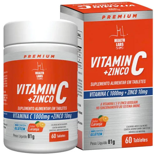 Vitamina C 1g + Zinco 10mg - 60 Tabletes Sabor Laranja - Health Labs (Imunidade Ação Antioxidante)
