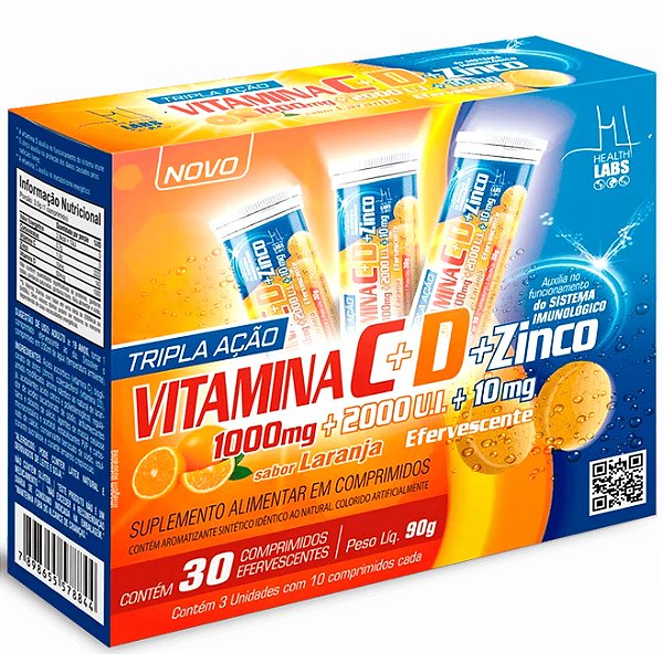 Vitamina C + D + Zinco - 30 Comprimidos Efervescentes Sabor Laranja - Health Labs (Antioxidante)