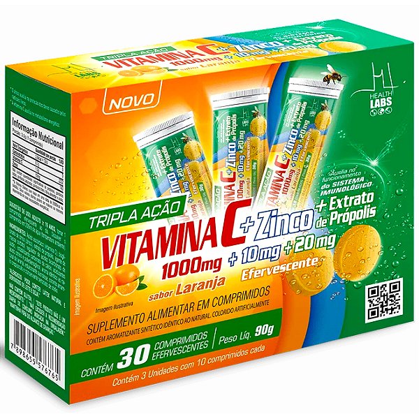Vitamina C 1000mg Zinco 10mg Extrato de Própolis 20mg - 30 Efervescentes - Health Labs (Saúde Pele)