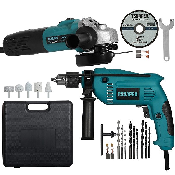 Kit Completo 2 em 1 Furadeira de Impacto e Esmerilhadeira Elétrica Maleta e Acessórios Tssaper TKFE-820