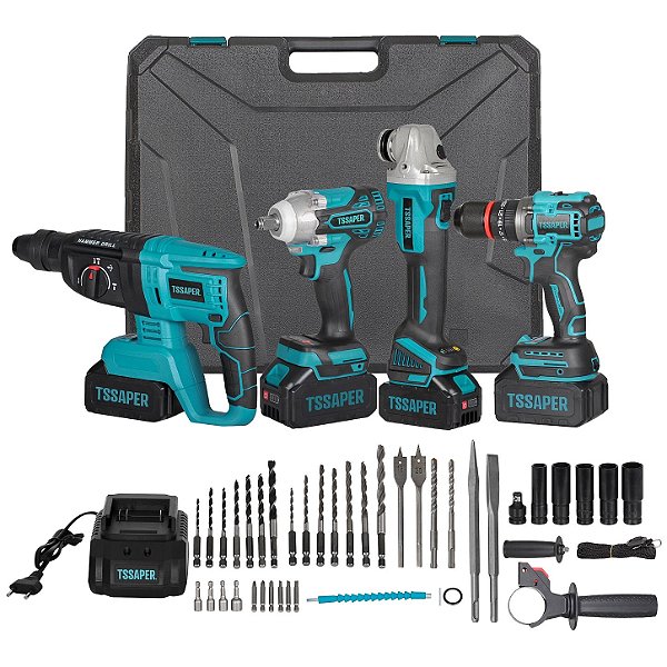 Kit Completo Ferramentas 4 em 1 Martelete + Esmerilhadeira angular + Parafusadeira + Chave de Impacto a Bateria 21V 3000mah Tssaper