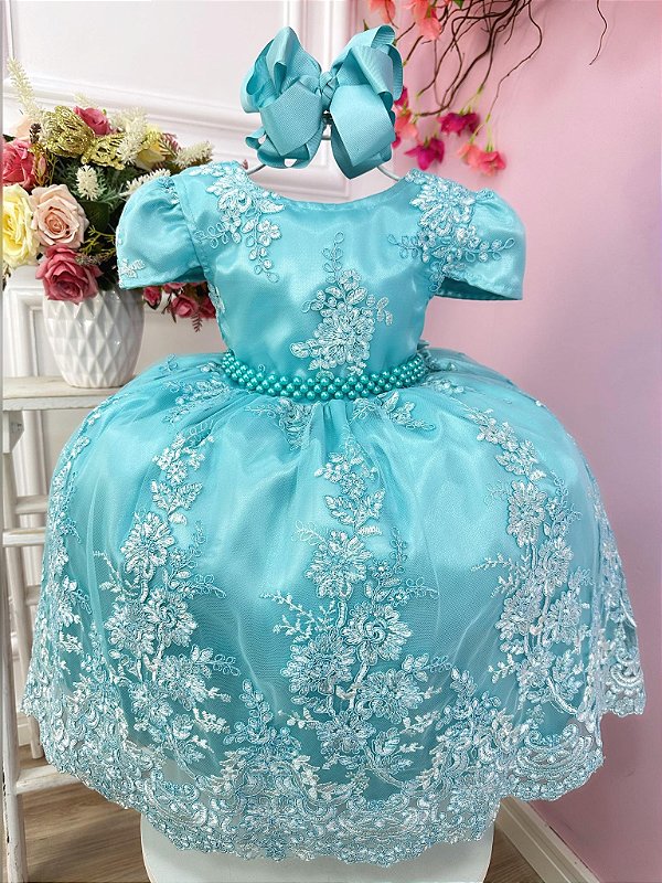 Vestido Infantil Cinderela Azul Renda e Pérolas - Fabuloso Ateliê