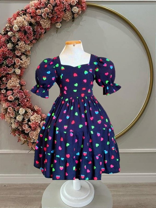 Vestido Infantil Primavera Verão Preto Coraçõezinhos - Fabuloso Ateliê