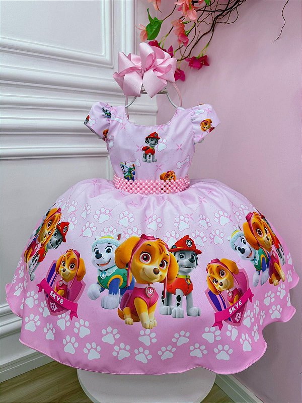 Vestido Infantil Patrulha Canina Rosa Cinto de Pérolas