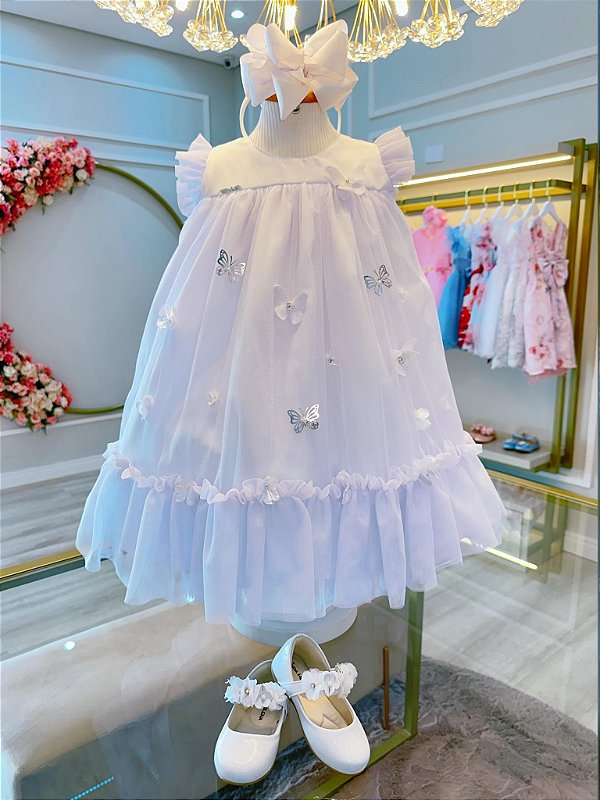 Vestido Infantil Branco Jardim Encantado Borboletas Luxo
