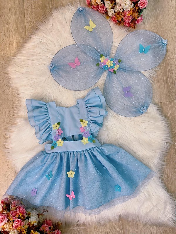 Romper Infantil Jardim Encantado Borboletas Azul Bebe + Asa 2 Peças