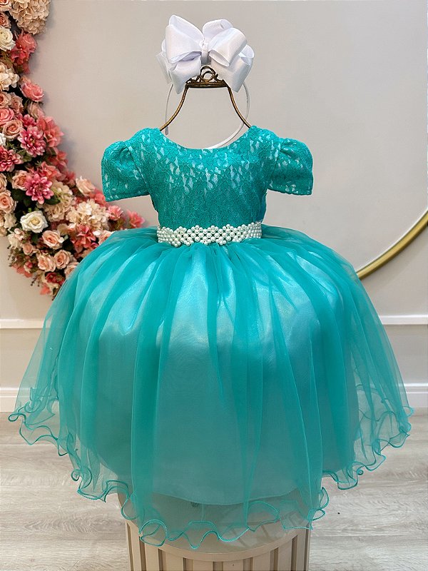 Vestido Infantil Verde Tule Renda Luxo Casamento