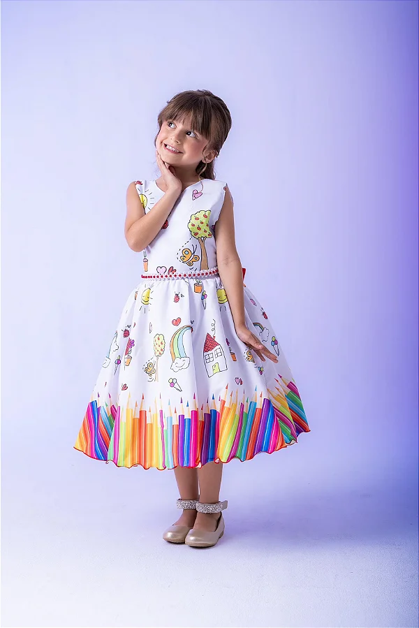 Vestido Marie Lapis Aquarela ABC Branco e Vermelho