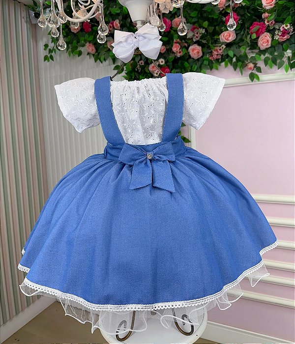 Vestido Infantil Salopete Branco e Azul Virginia