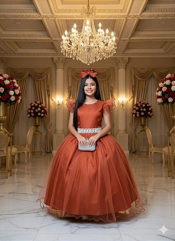 Vestido Infantil Longo Festa Luxo Terracota Amanda