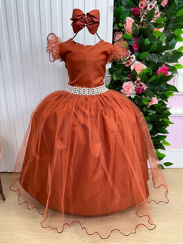 Vestido Infantil Longo Festa Luxo Terracota Amanda