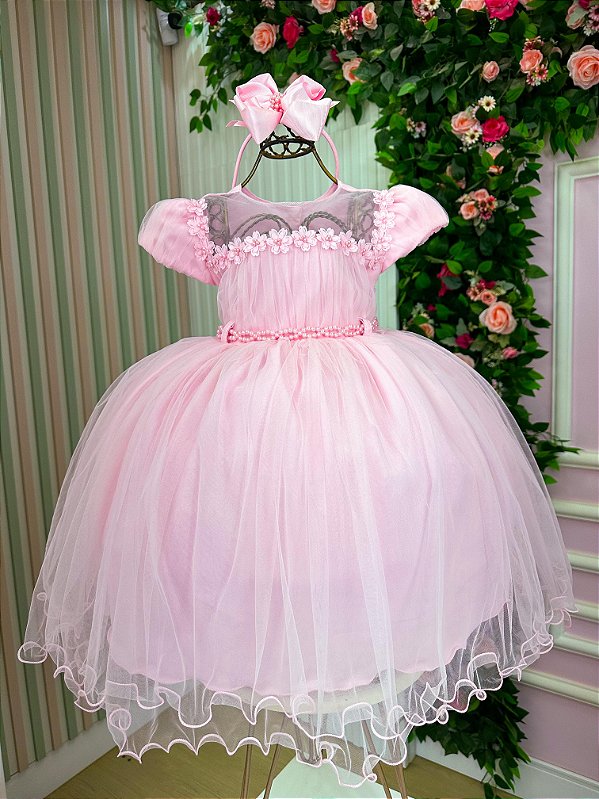 Vestido Jardim Encantado Rosa Bebe Festa Luxo