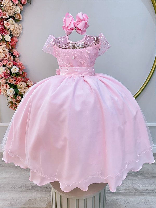 Vestido Infantil Rosa Claro Busto Renda Damas Longo Luxo