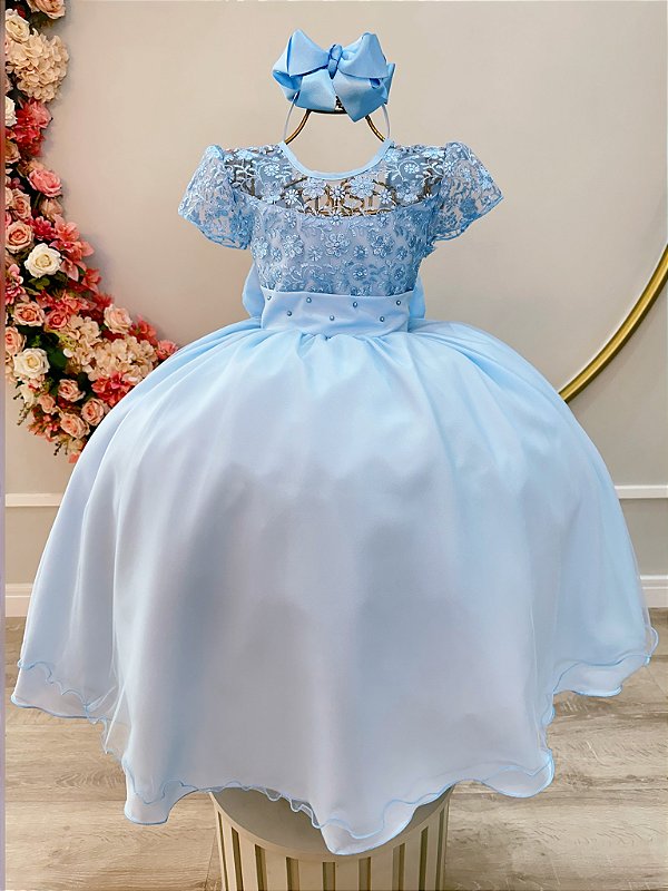 Vestido Infantil Azul Claro Busto Renda Daminha Longo Luxo