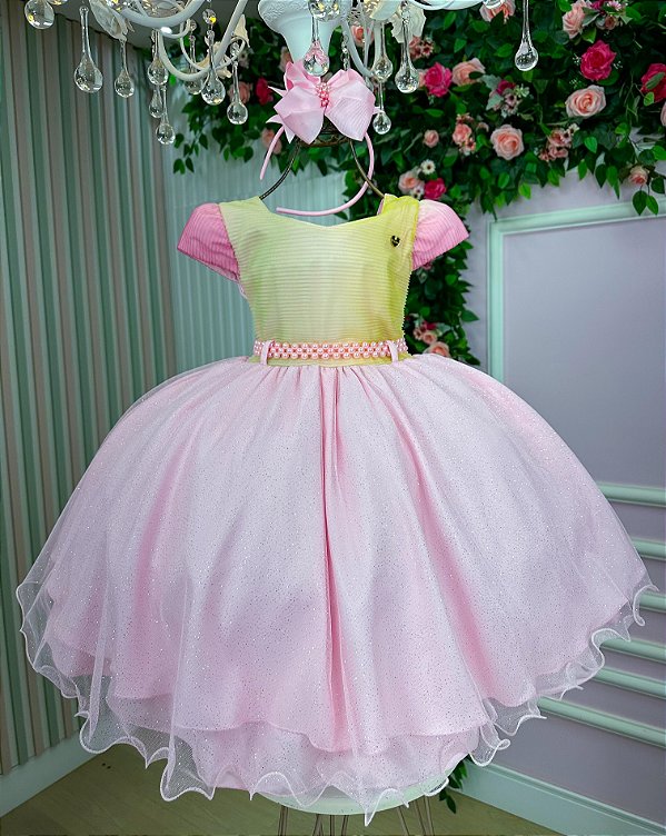 Vestido Jardim das Borboletas Rosa Bebe e Amarelo