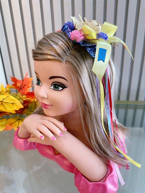 Tiara Infantil Junina com Florzinhas e Fitas de Cetim Coloridas