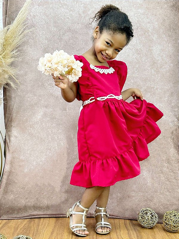 Vestido Infantil Vermelho Luxo Com Pérolas Festas