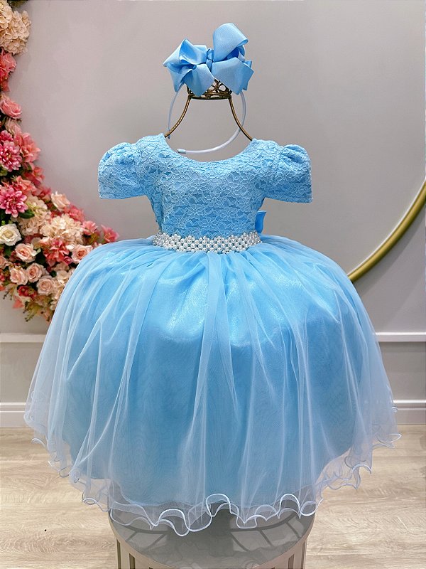 Vestido Infantil Azul Bebê Tule Renda Luxo Casamento