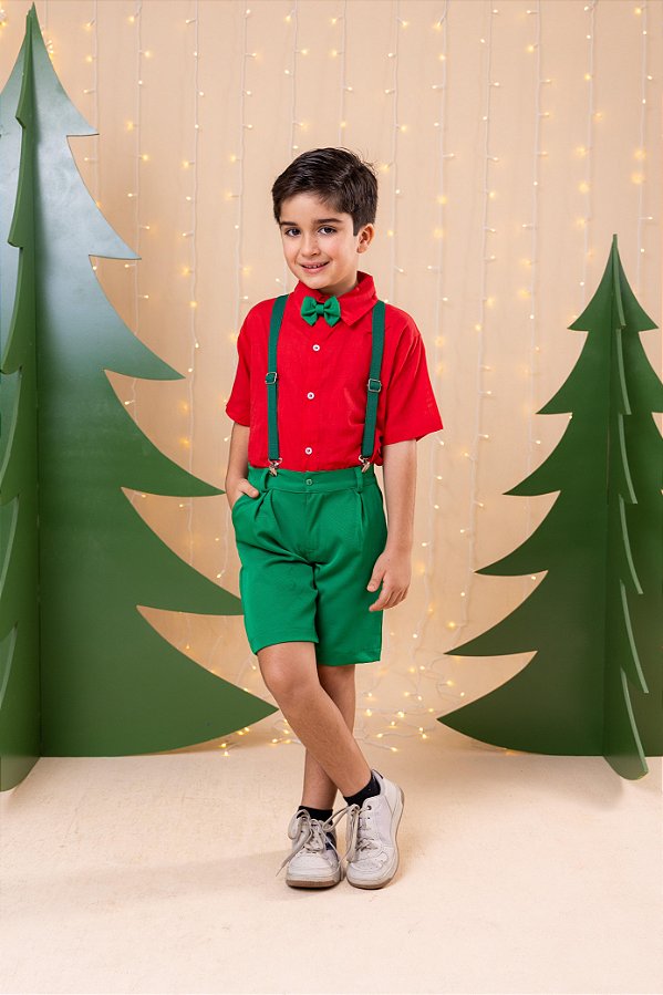 Conjunto Miss Cherry Henry Camisa Vermelha Suspensório Verde