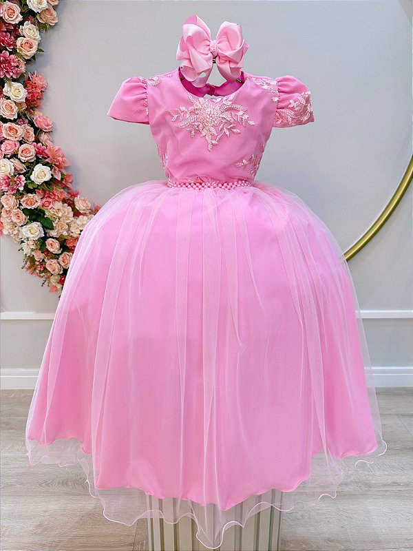 Vestido Infantil Rosa Busto Renda Luxo Casamento Festas