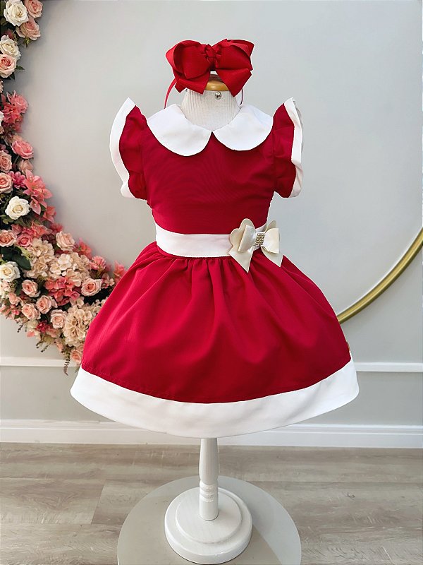Vestido Infantil Vermelho Gola Gôde C/ Broche Luxo Daminha